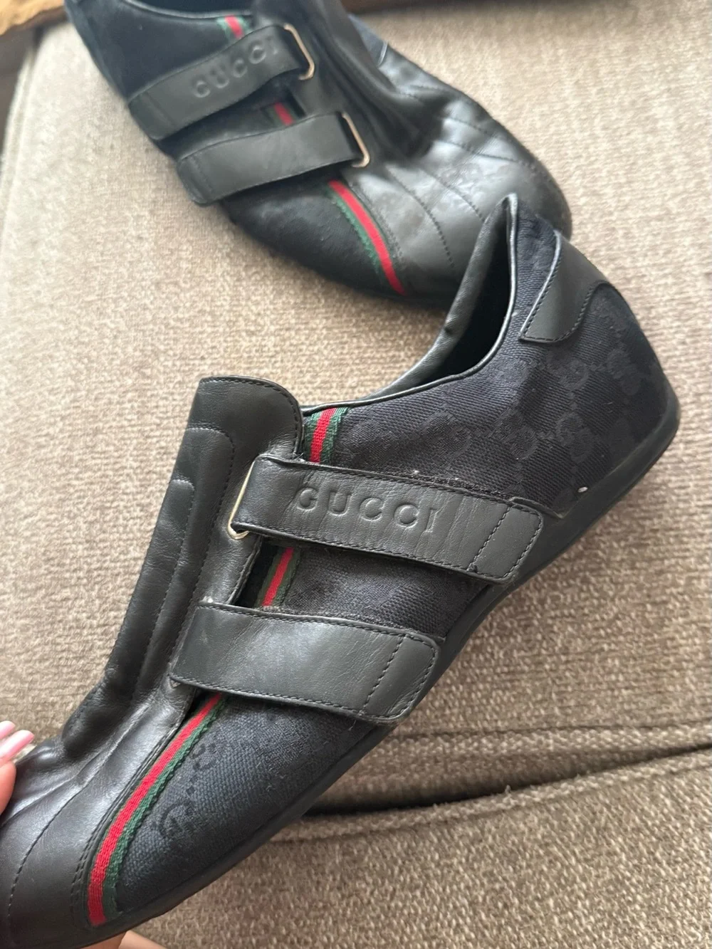 Vintage Gucci Black leather and monogram canvas velcro shoes